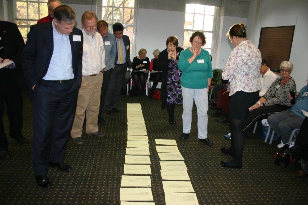 People looking at the question cards at the workshop to set mesothelioma research priorities